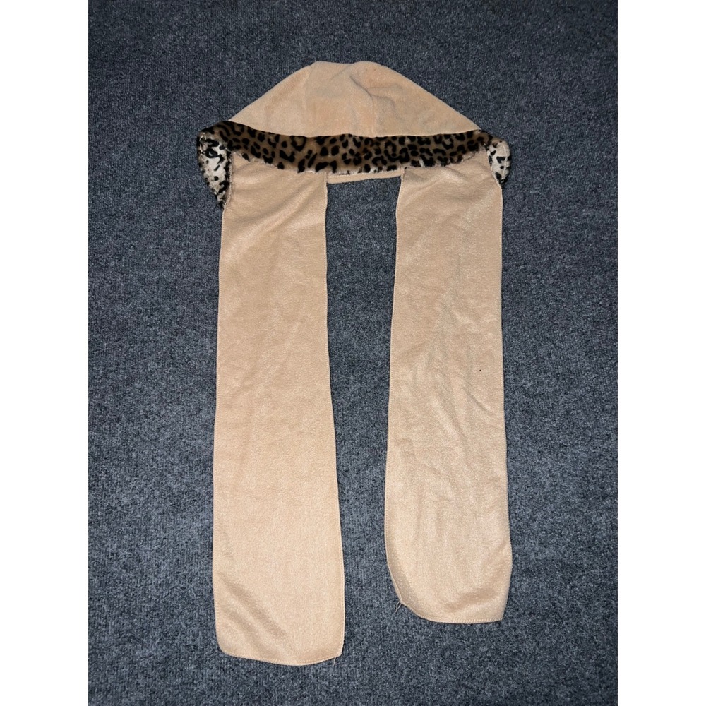 Samantha's Style Shoppe Tan Hooded Scarf Leopard Faux Fur Trim One Size